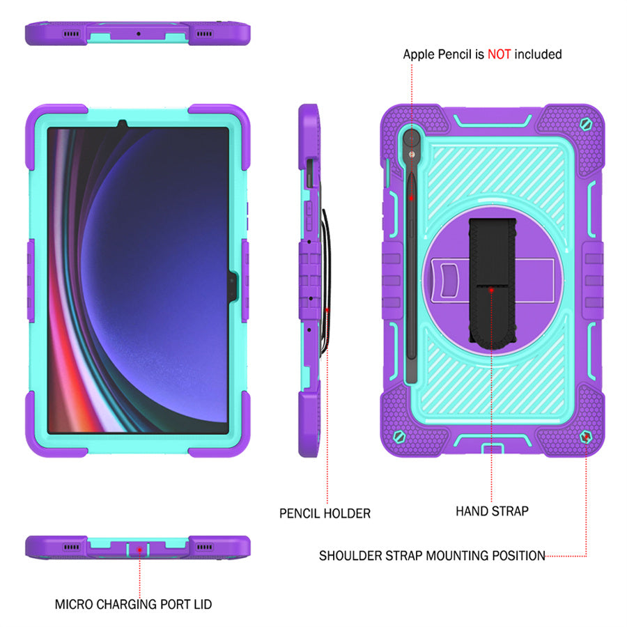 Shockproof Case for Samsung Galaxy Tab S9 Kickstand Silicone+PC Tablet Cover with Wrist Band / Shoulder Strap