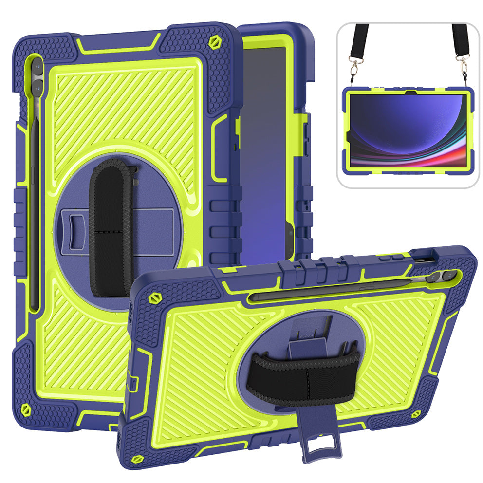 Protective Kickstand Case for Samsung Galaxy Tab S9+ Anti-Drop Silicone+PC Tablet Cover with Wrist Band / Shoulder Strap