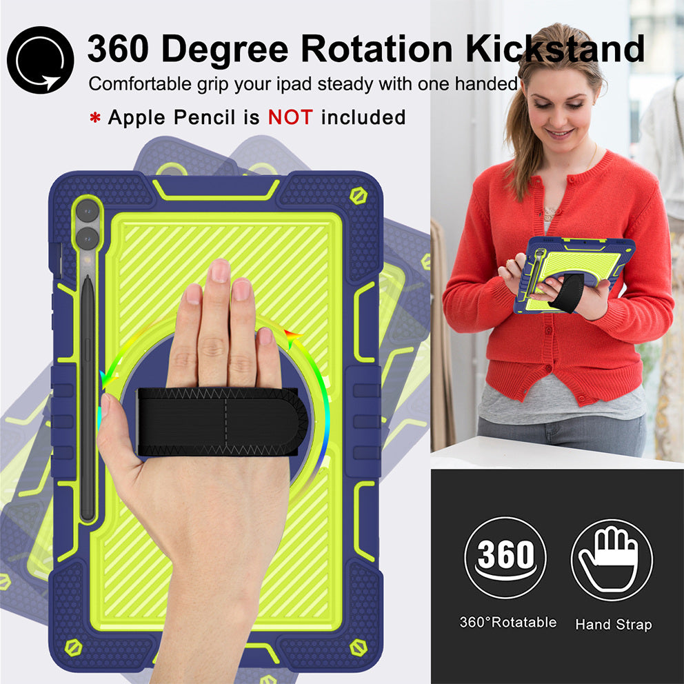 Protective Kickstand Case for Samsung Galaxy Tab S9+ Anti-Drop Silicone+PC Tablet Cover with Wrist Band / Shoulder Strap