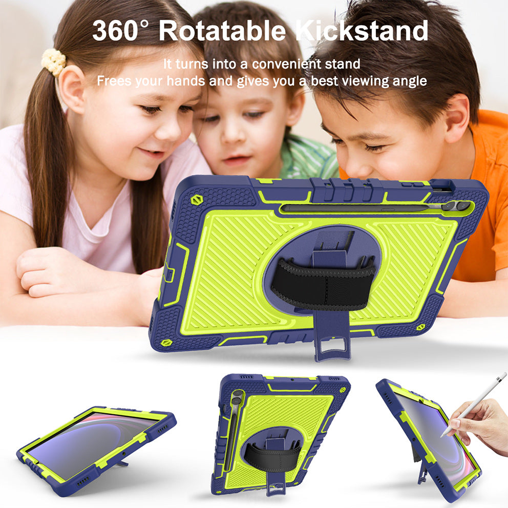 Protective Kickstand Case for Samsung Galaxy Tab S9+ Anti-Drop Silicone+PC Tablet Cover with Wrist Band / Shoulder Strap