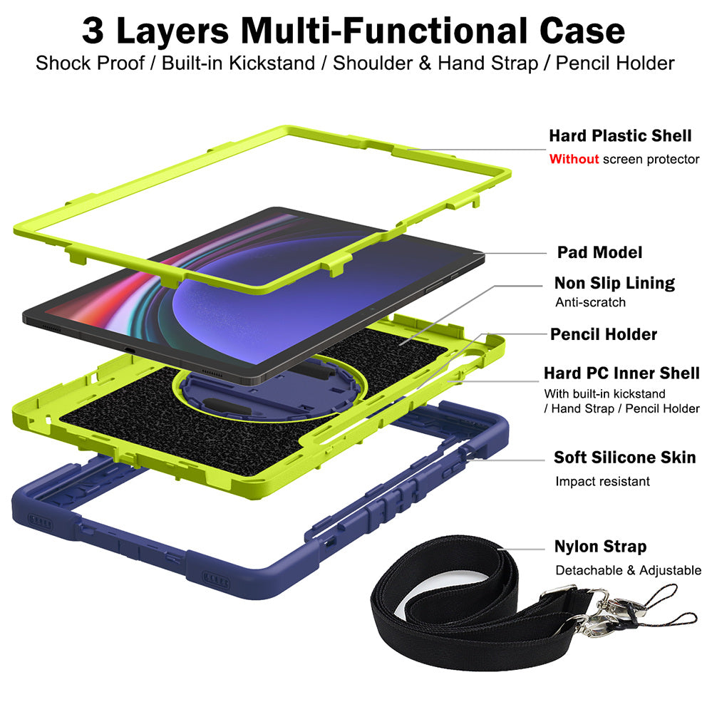 Protective Kickstand Case for Samsung Galaxy Tab S9+ Anti-Drop Silicone+PC Tablet Cover with Wrist Band / Shoulder Strap