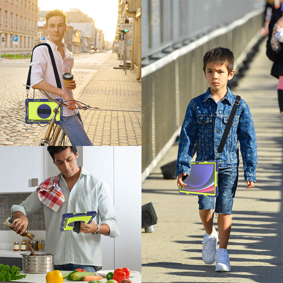 Protective Kickstand Case for Samsung Galaxy Tab S9+ Anti-Drop Silicone+PC Tablet Cover with Wrist Band / Shoulder Strap
