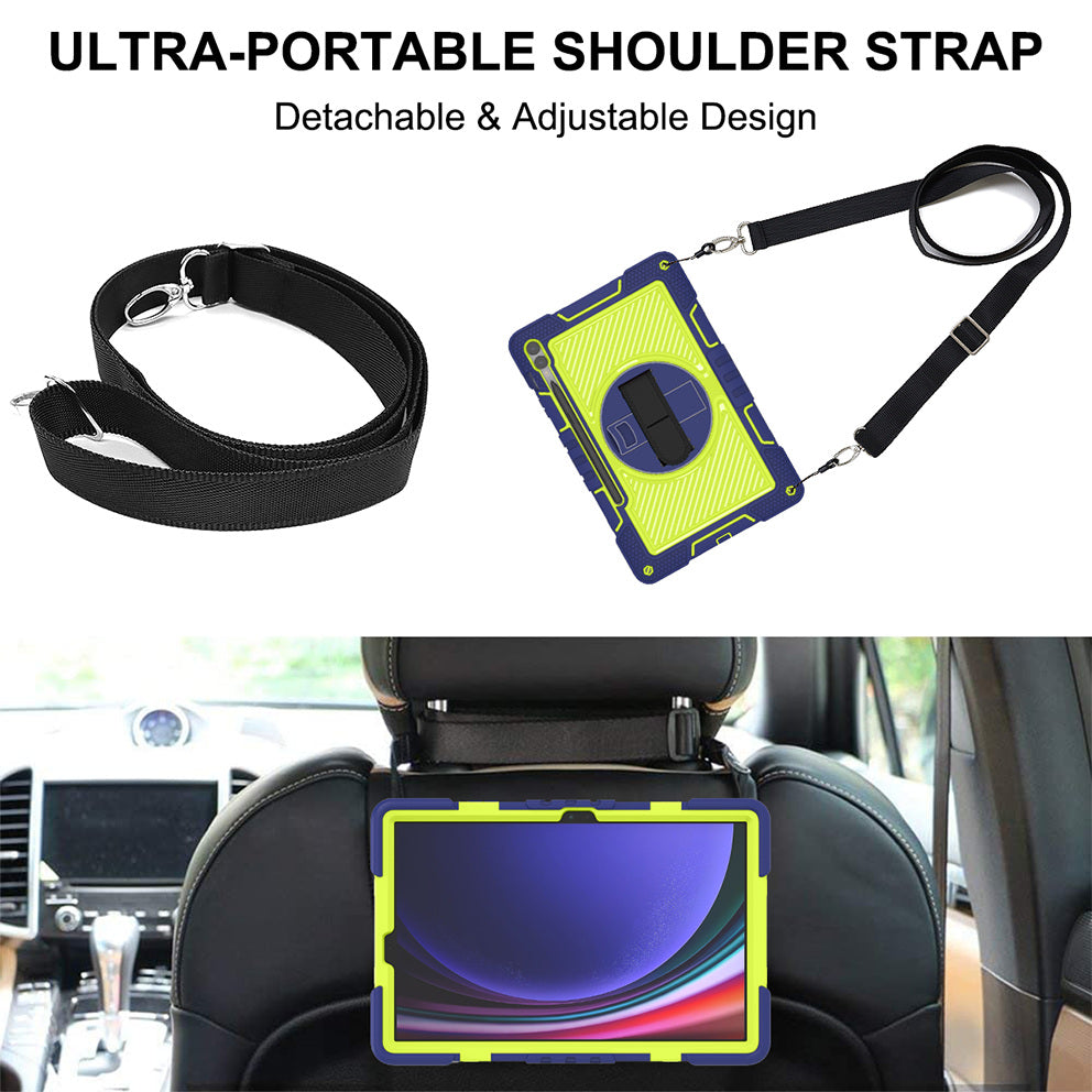 Protective Kickstand Case for Samsung Galaxy Tab S9+ Anti-Drop Silicone+PC Tablet Cover with Wrist Band / Shoulder Strap