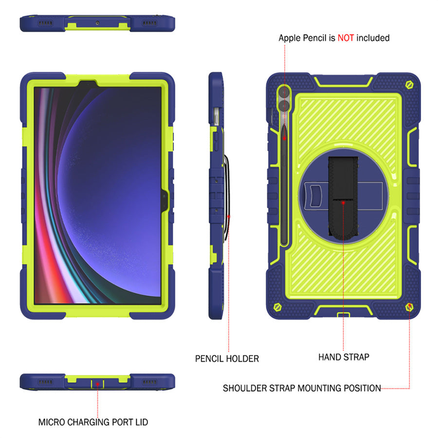 Protective Kickstand Case for Samsung Galaxy Tab S9+ Anti-Drop Silicone+PC Tablet Cover with Wrist Band / Shoulder Strap