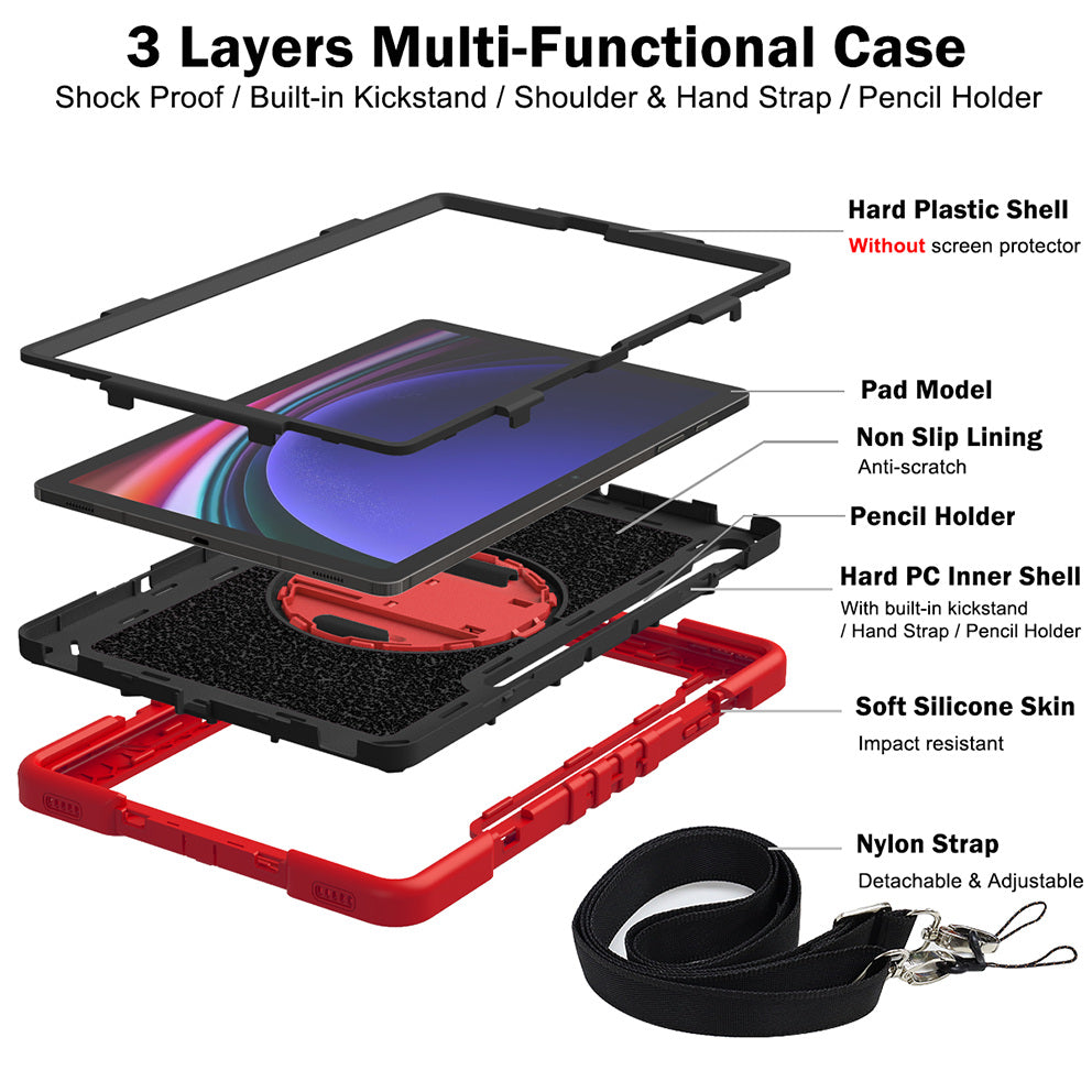 Protective Kickstand Case for Samsung Galaxy Tab S9+ Anti-Drop Silicone+PC Tablet Cover with Wrist Band / Shoulder Strap