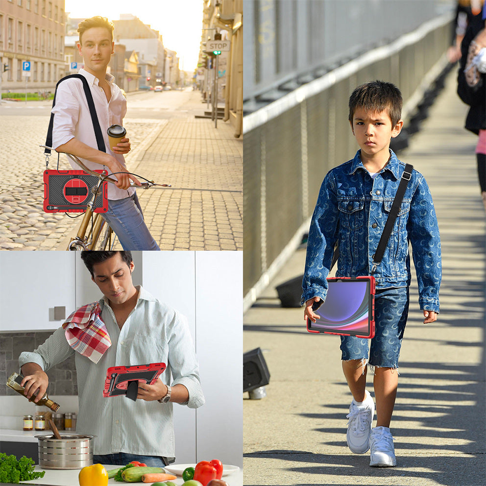 Protective Kickstand Case for Samsung Galaxy Tab S9+ Anti-Drop Silicone+PC Tablet Cover with Wrist Band / Shoulder Strap