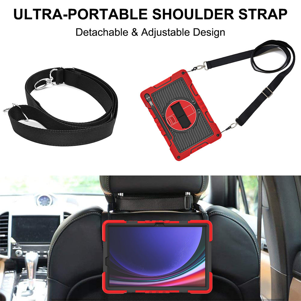 Protective Kickstand Case for Samsung Galaxy Tab S9+ Anti-Drop Silicone+PC Tablet Cover with Wrist Band / Shoulder Strap