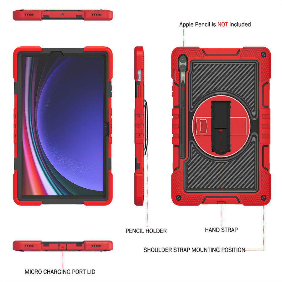 Protective Kickstand Case for Samsung Galaxy Tab S9+ Anti-Drop Silicone+PC Tablet Cover with Wrist Band / Shoulder Strap