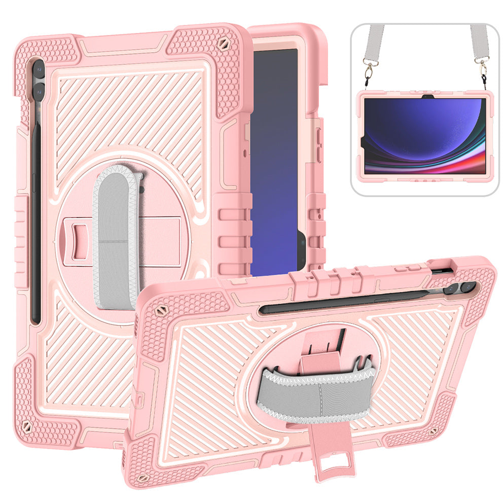 Protective Kickstand Case for Samsung Galaxy Tab S9+ Anti-Drop Silicone+PC Tablet Cover with Wrist Band / Shoulder Strap