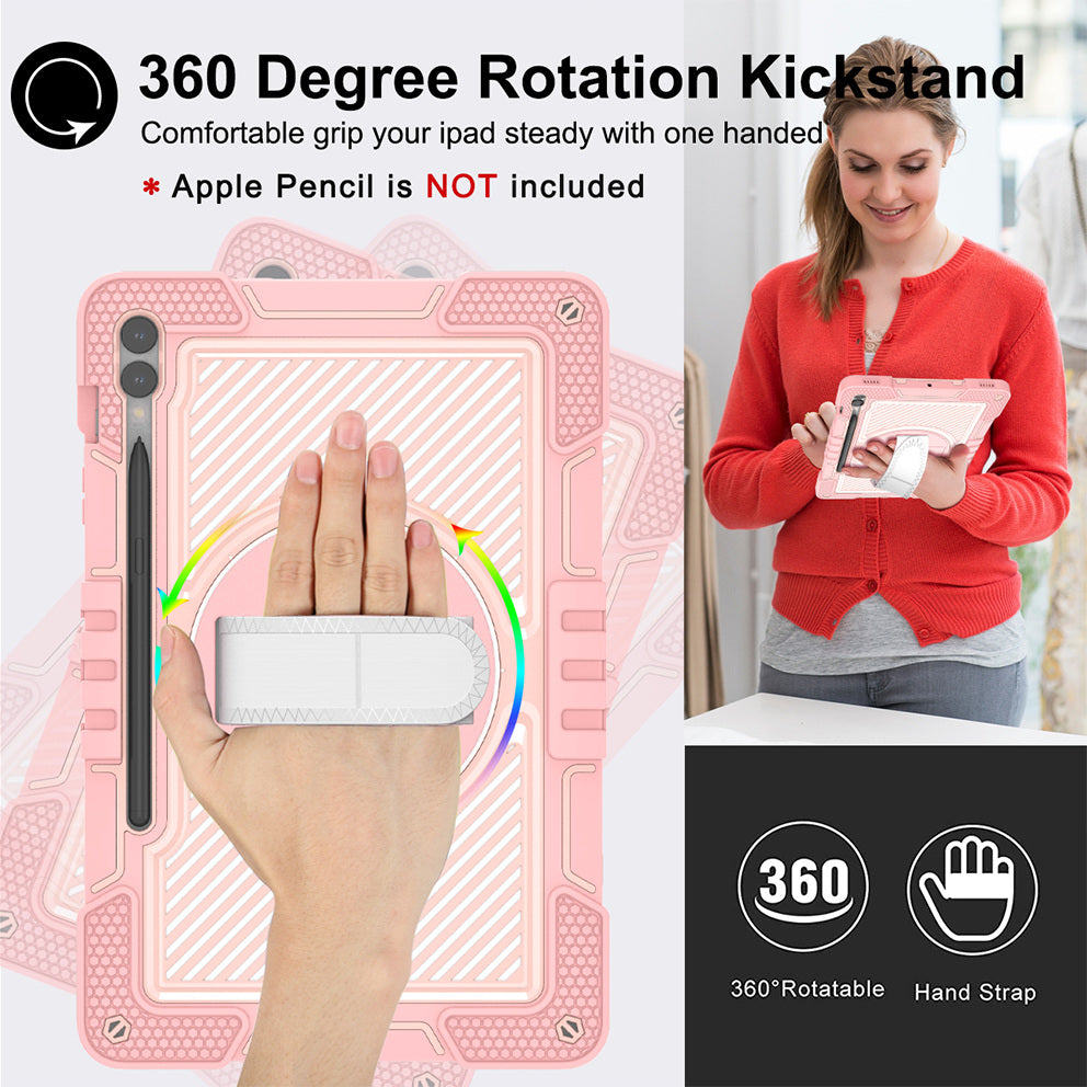 Protective Kickstand Case for Samsung Galaxy Tab S9+ Anti-Drop Silicone+PC Tablet Cover with Wrist Band / Shoulder Strap