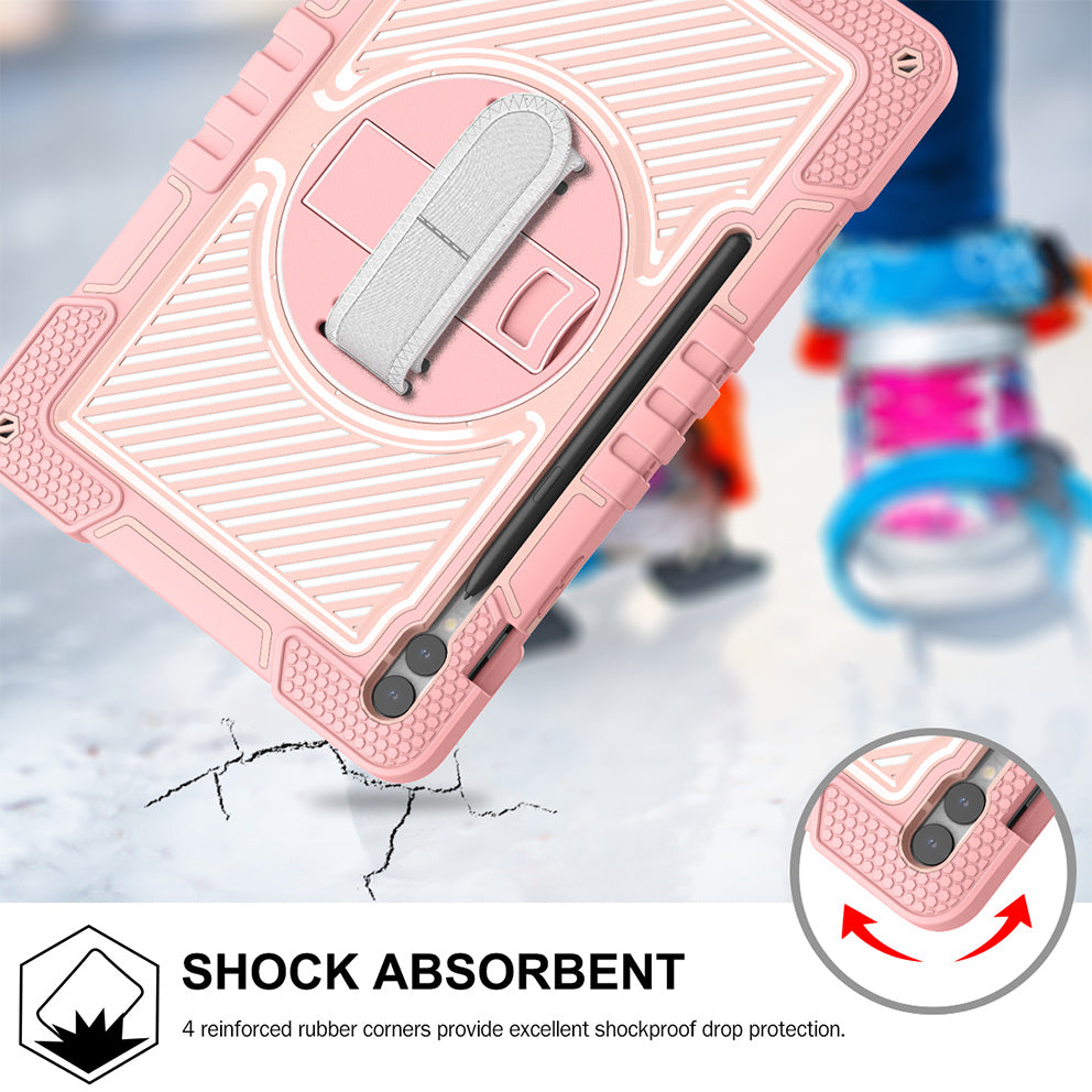 Protective Kickstand Case for Samsung Galaxy Tab S9+ Anti-Drop Silicone+PC Tablet Cover with Wrist Band / Shoulder Strap