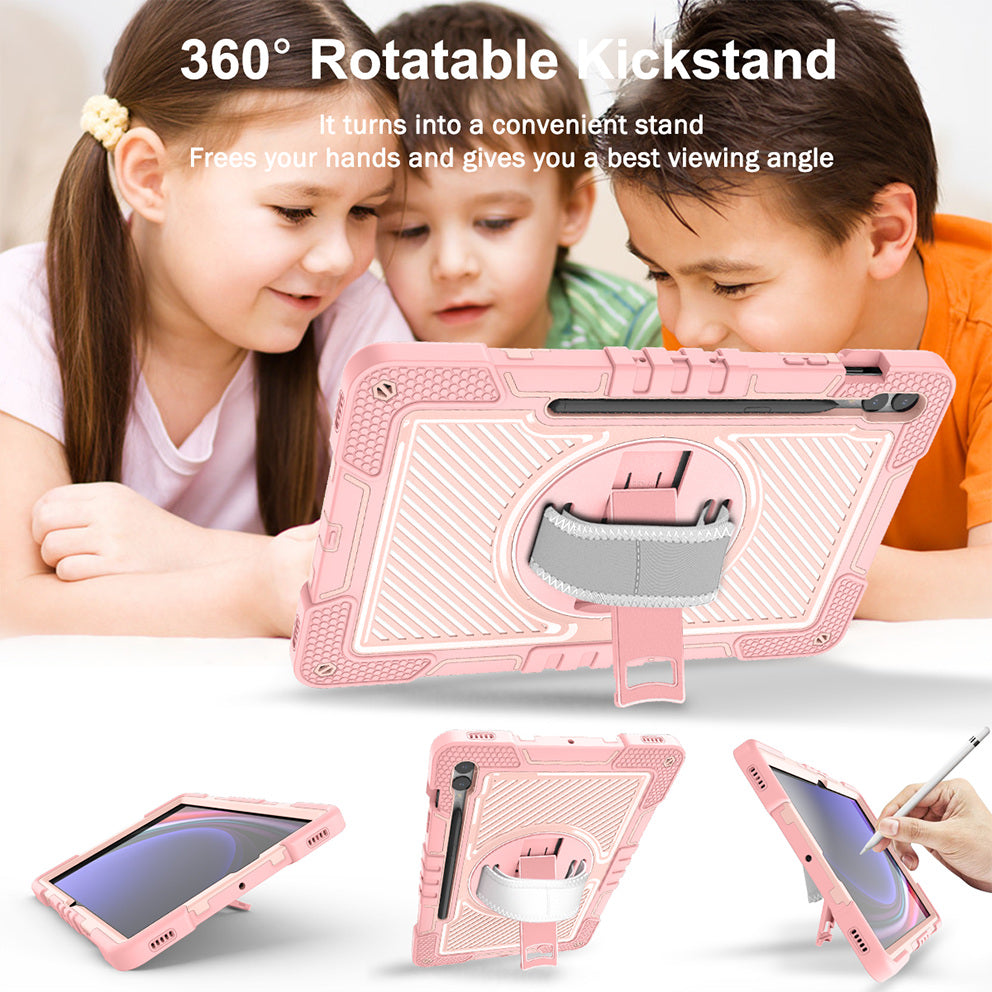 Protective Kickstand Case for Samsung Galaxy Tab S9+ Anti-Drop Silicone+PC Tablet Cover with Wrist Band / Shoulder Strap