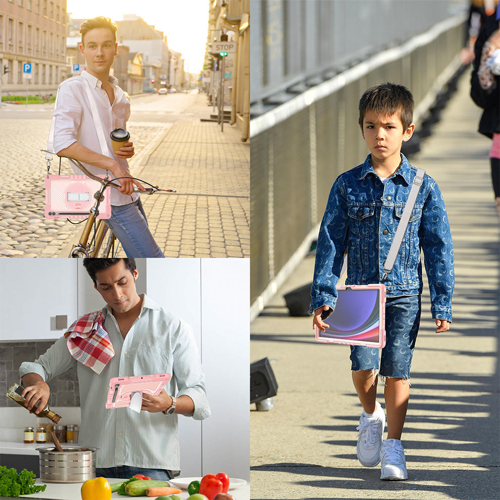 Protective Kickstand Case for Samsung Galaxy Tab S9+ Anti-Drop Silicone+PC Tablet Cover with Wrist Band / Shoulder Strap