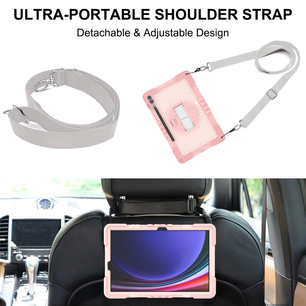 Protective Kickstand Case for Samsung Galaxy Tab S9+ Anti-Drop Silicone+PC Tablet Cover with Wrist Band / Shoulder Strap