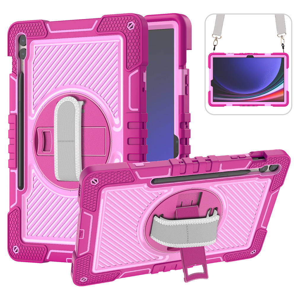 Protective Kickstand Case for Samsung Galaxy Tab S9+ Anti-Drop Silicone+PC Tablet Cover with Wrist Band / Shoulder Strap
