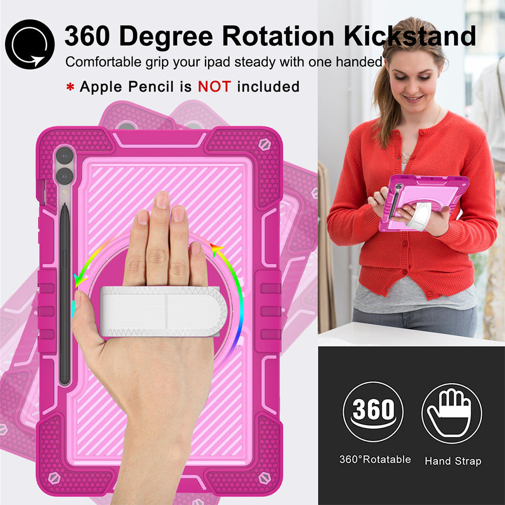 Protective Kickstand Case for Samsung Galaxy Tab S9+ Anti-Drop Silicone+PC Tablet Cover with Wrist Band / Shoulder Strap