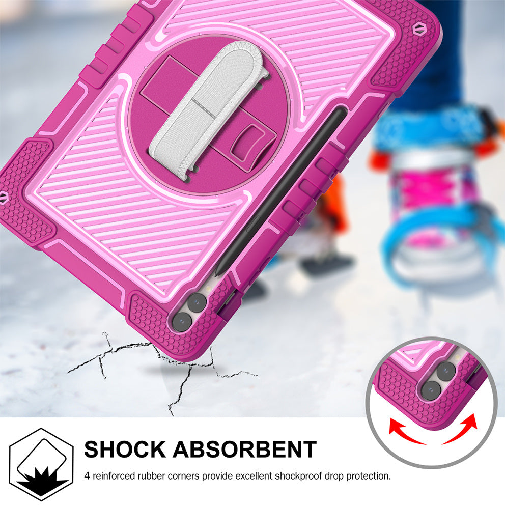Protective Kickstand Case for Samsung Galaxy Tab S9+ Anti-Drop Silicone+PC Tablet Cover with Wrist Band / Shoulder Strap