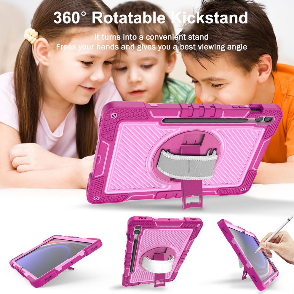 Protective Kickstand Case for Samsung Galaxy Tab S9+ Anti-Drop Silicone+PC Tablet Cover with Wrist Band / Shoulder Strap
