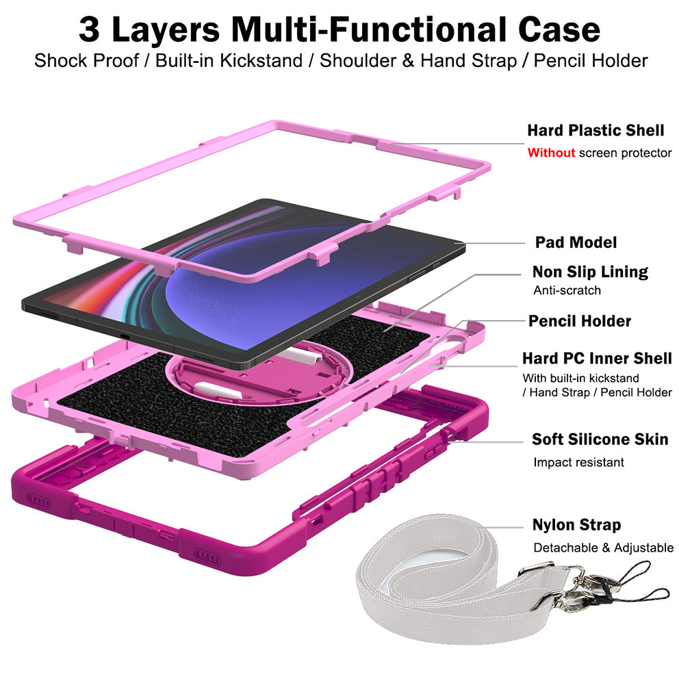 Protective Kickstand Case for Samsung Galaxy Tab S9+ Anti-Drop Silicone+PC Tablet Cover with Wrist Band / Shoulder Strap