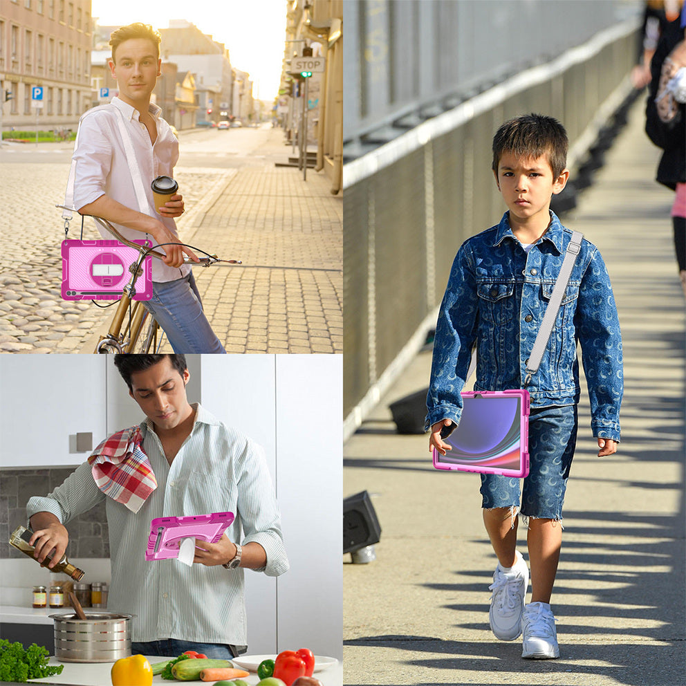 Protective Kickstand Case for Samsung Galaxy Tab S9+ Anti-Drop Silicone+PC Tablet Cover with Wrist Band / Shoulder Strap