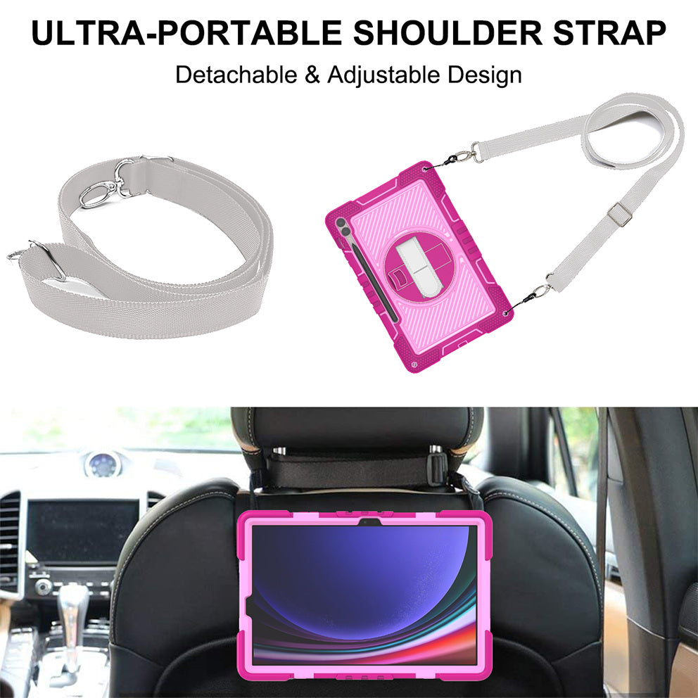 Protective Kickstand Case for Samsung Galaxy Tab S9+ Anti-Drop Silicone+PC Tablet Cover with Wrist Band / Shoulder Strap