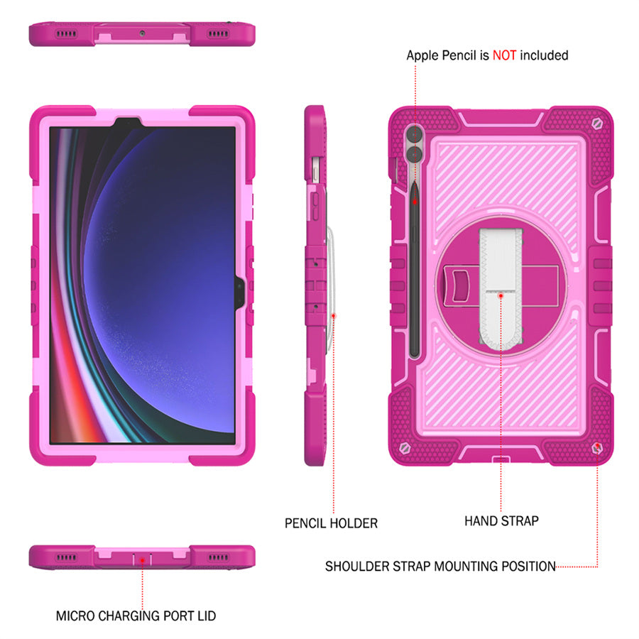 Protective Kickstand Case for Samsung Galaxy Tab S9+ Anti-Drop Silicone+PC Tablet Cover with Wrist Band / Shoulder Strap
