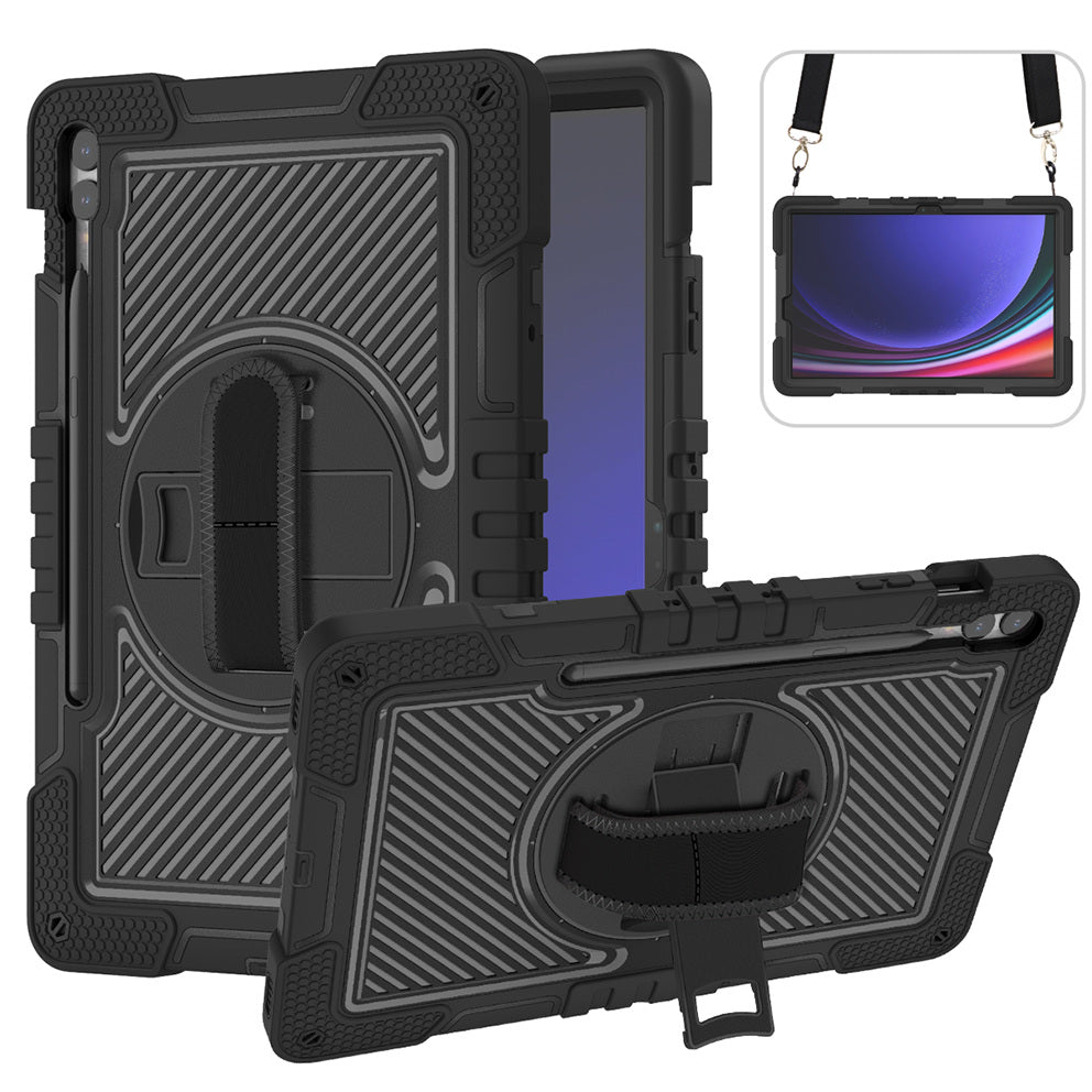 Protective Kickstand Case for Samsung Galaxy Tab S9+ Anti-Drop Silicone+PC Tablet Cover with Wrist Band / Shoulder Strap