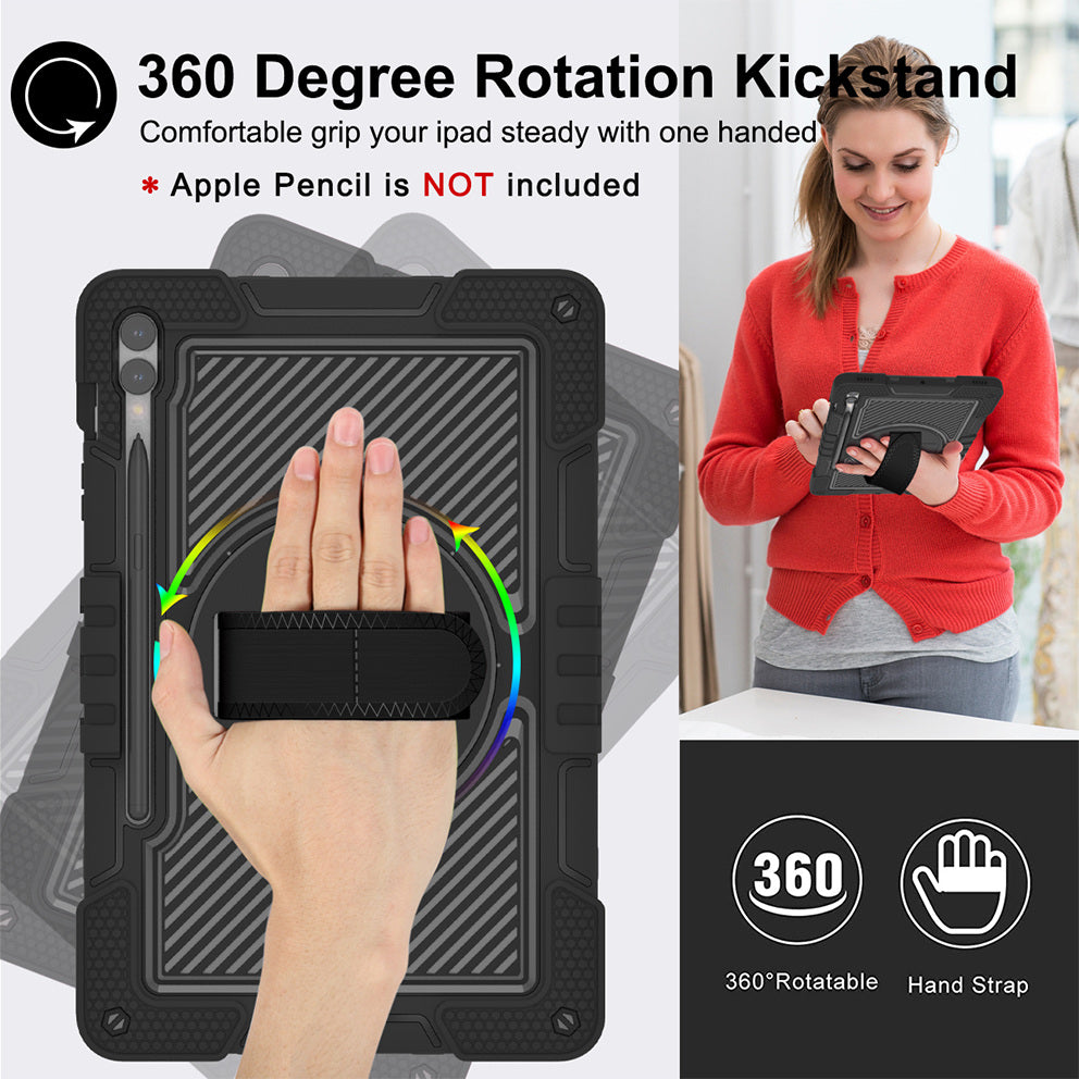 Protective Kickstand Case for Samsung Galaxy Tab S9+ Anti-Drop Silicone+PC Tablet Cover with Wrist Band / Shoulder Strap