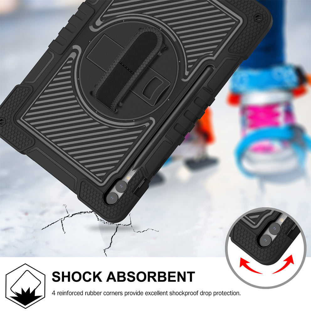 Protective Kickstand Case for Samsung Galaxy Tab S9+ Anti-Drop Silicone+PC Tablet Cover with Wrist Band / Shoulder Strap