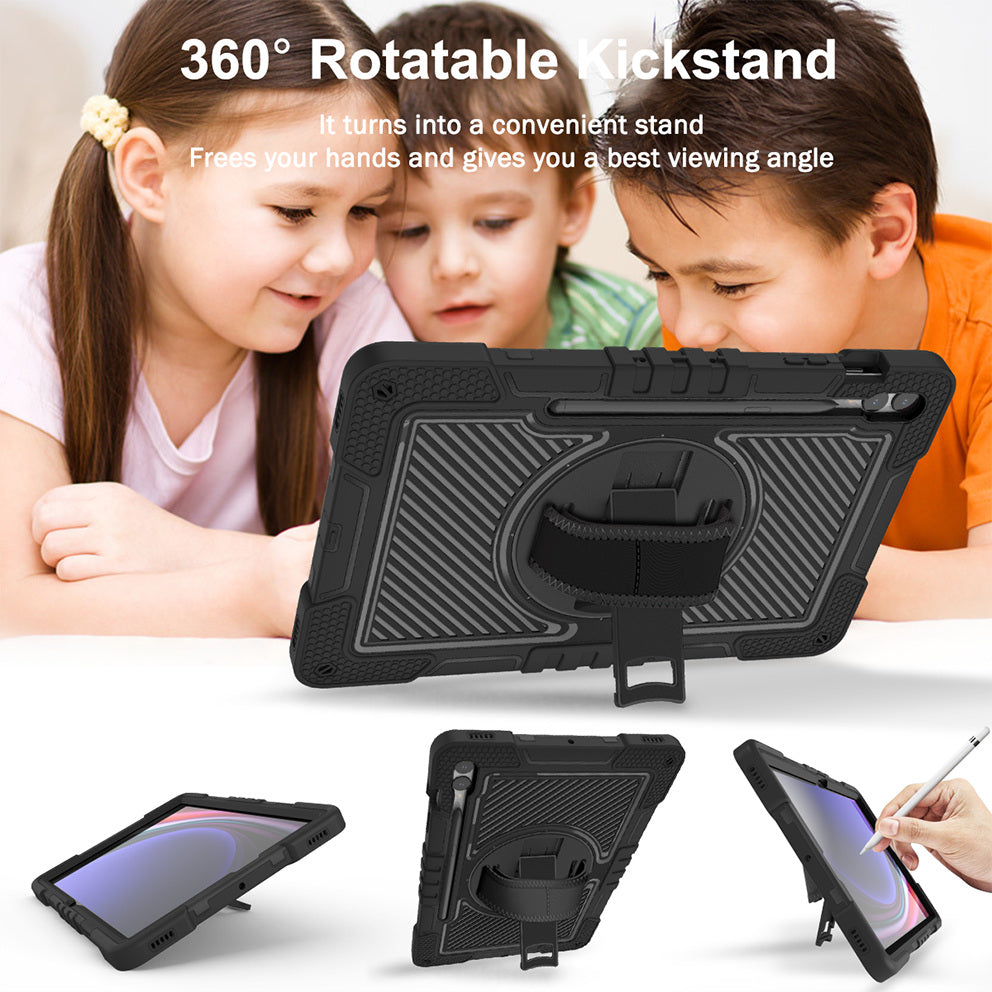Protective Kickstand Case for Samsung Galaxy Tab S9+ Anti-Drop Silicone+PC Tablet Cover with Wrist Band / Shoulder Strap