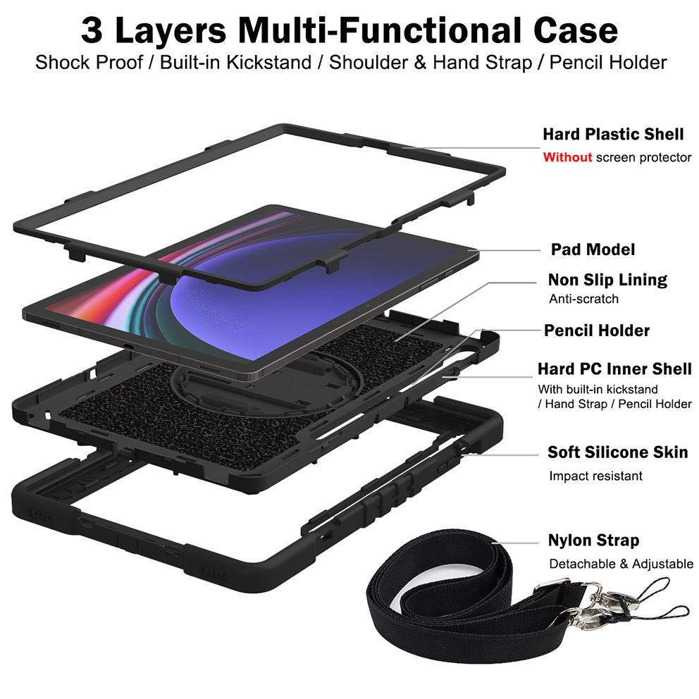 Protective Kickstand Case for Samsung Galaxy Tab S9+ Anti-Drop Silicone+PC Tablet Cover with Wrist Band / Shoulder Strap