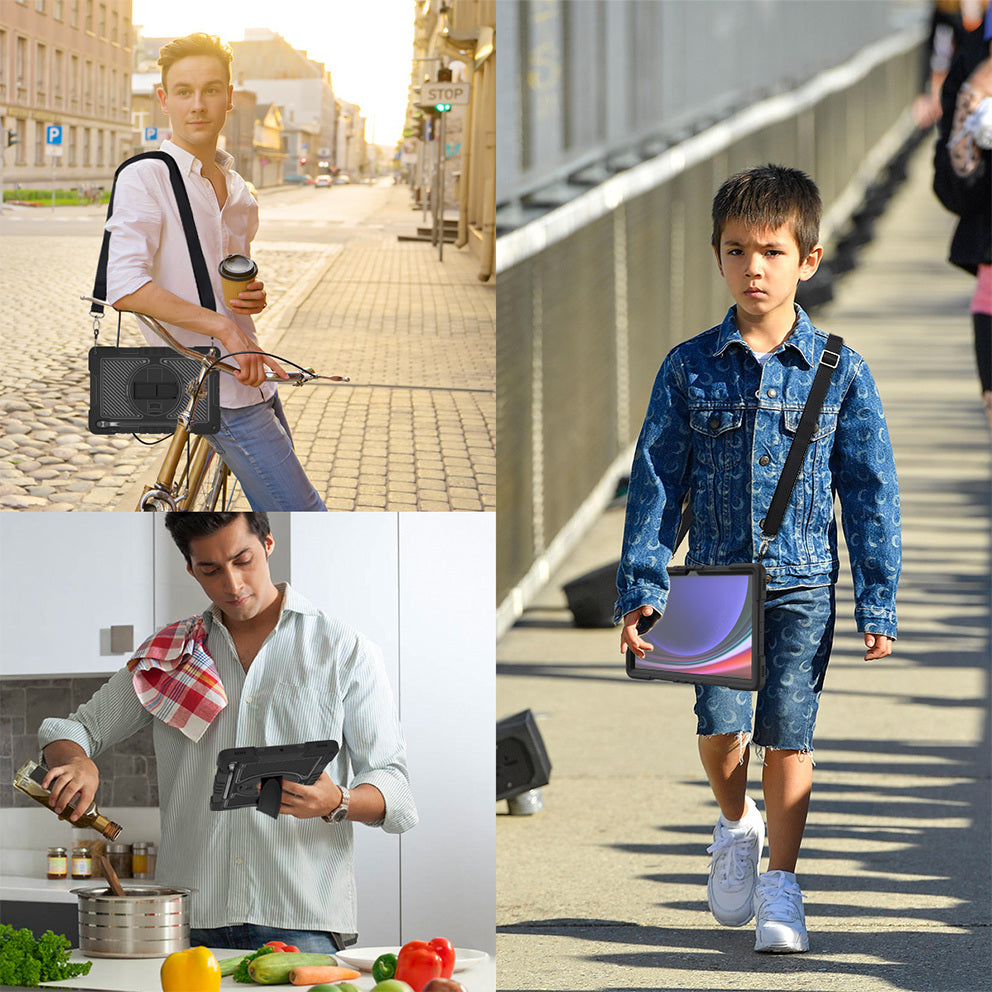 Protective Kickstand Case for Samsung Galaxy Tab S9+ Anti-Drop Silicone+PC Tablet Cover with Wrist Band / Shoulder Strap