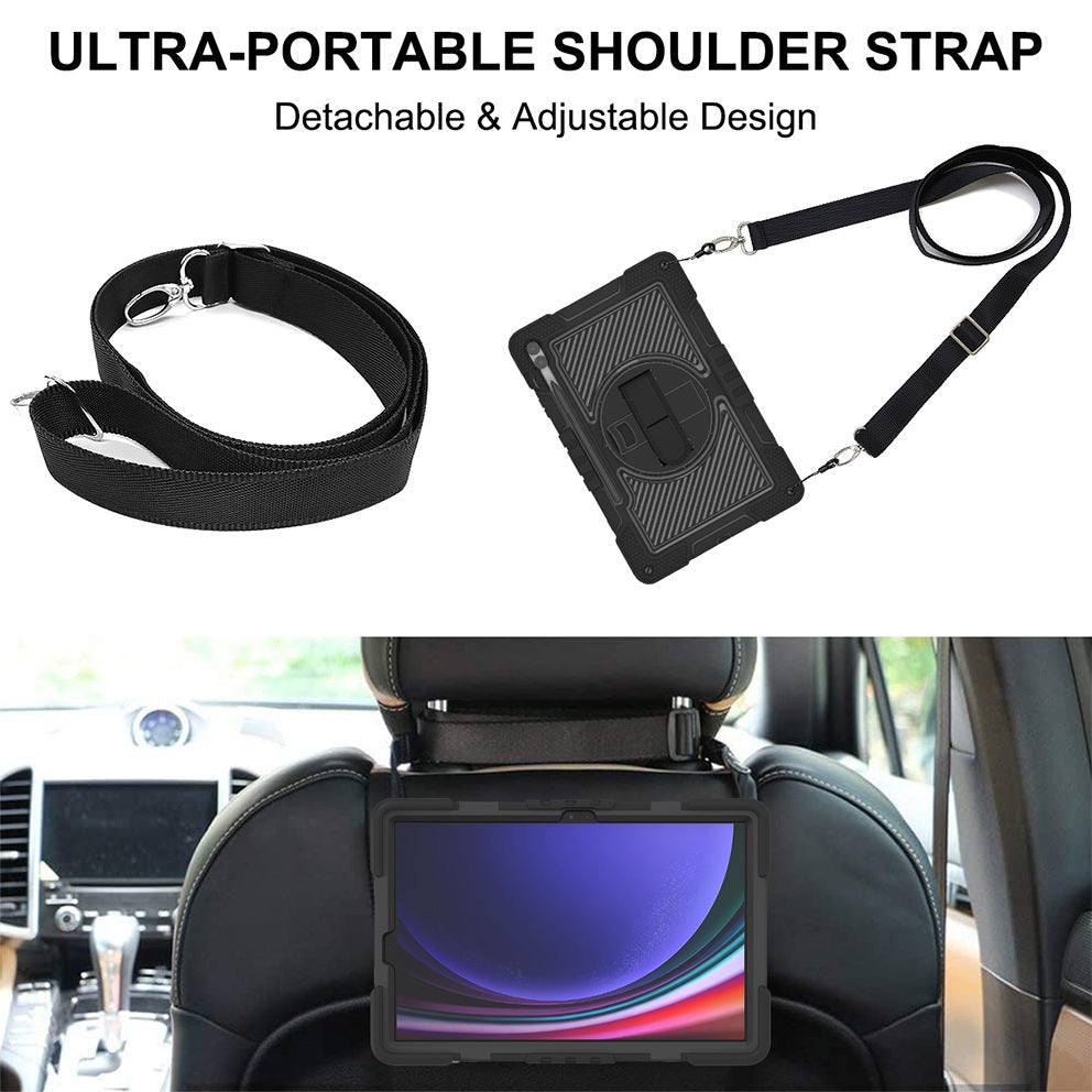 Protective Kickstand Case for Samsung Galaxy Tab S9+ Anti-Drop Silicone+PC Tablet Cover with Wrist Band / Shoulder Strap