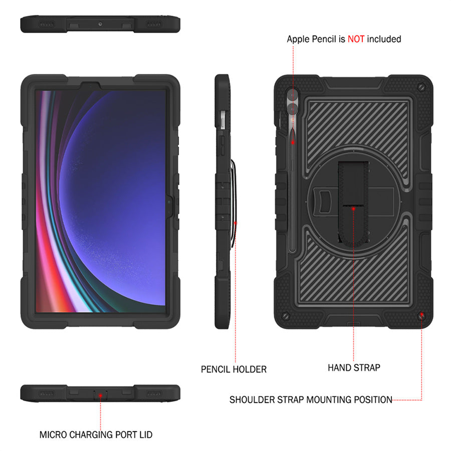 Protective Kickstand Case for Samsung Galaxy Tab S9+ Anti-Drop Silicone+PC Tablet Cover with Wrist Band / Shoulder Strap