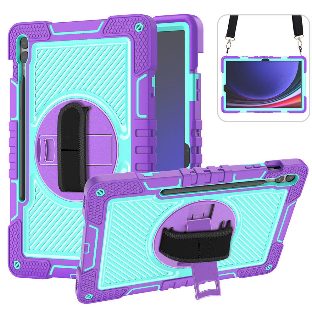 Protective Kickstand Case for Samsung Galaxy Tab S9+ Anti-Drop Silicone+PC Tablet Cover with Wrist Band / Shoulder Strap