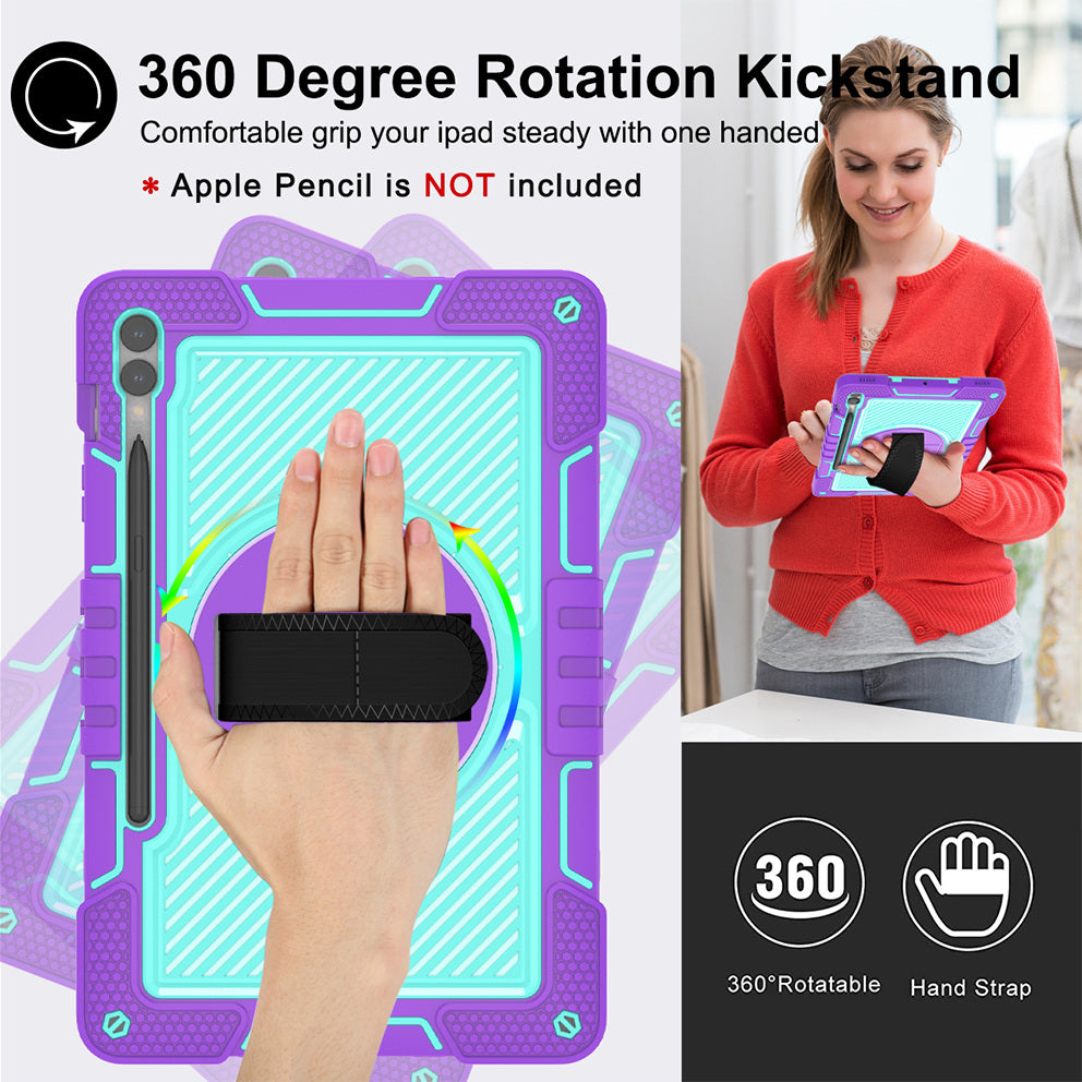 Protective Kickstand Case for Samsung Galaxy Tab S9+ Anti-Drop Silicone+PC Tablet Cover with Wrist Band / Shoulder Strap