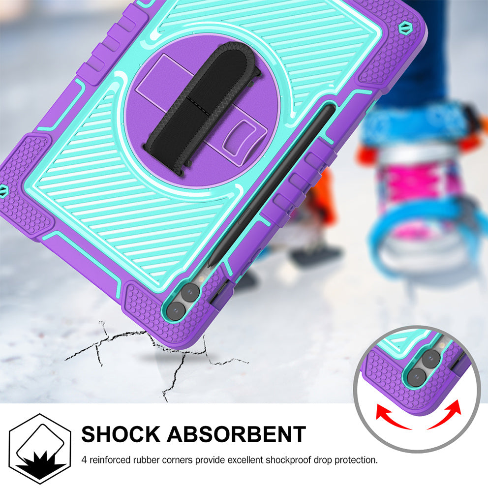Protective Kickstand Case for Samsung Galaxy Tab S9+ Anti-Drop Silicone+PC Tablet Cover with Wrist Band / Shoulder Strap