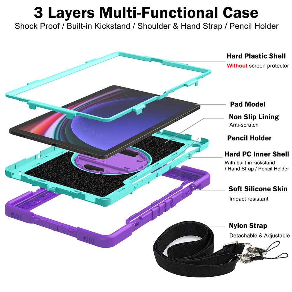 Protective Kickstand Case for Samsung Galaxy Tab S9+ Anti-Drop Silicone+PC Tablet Cover with Wrist Band / Shoulder Strap