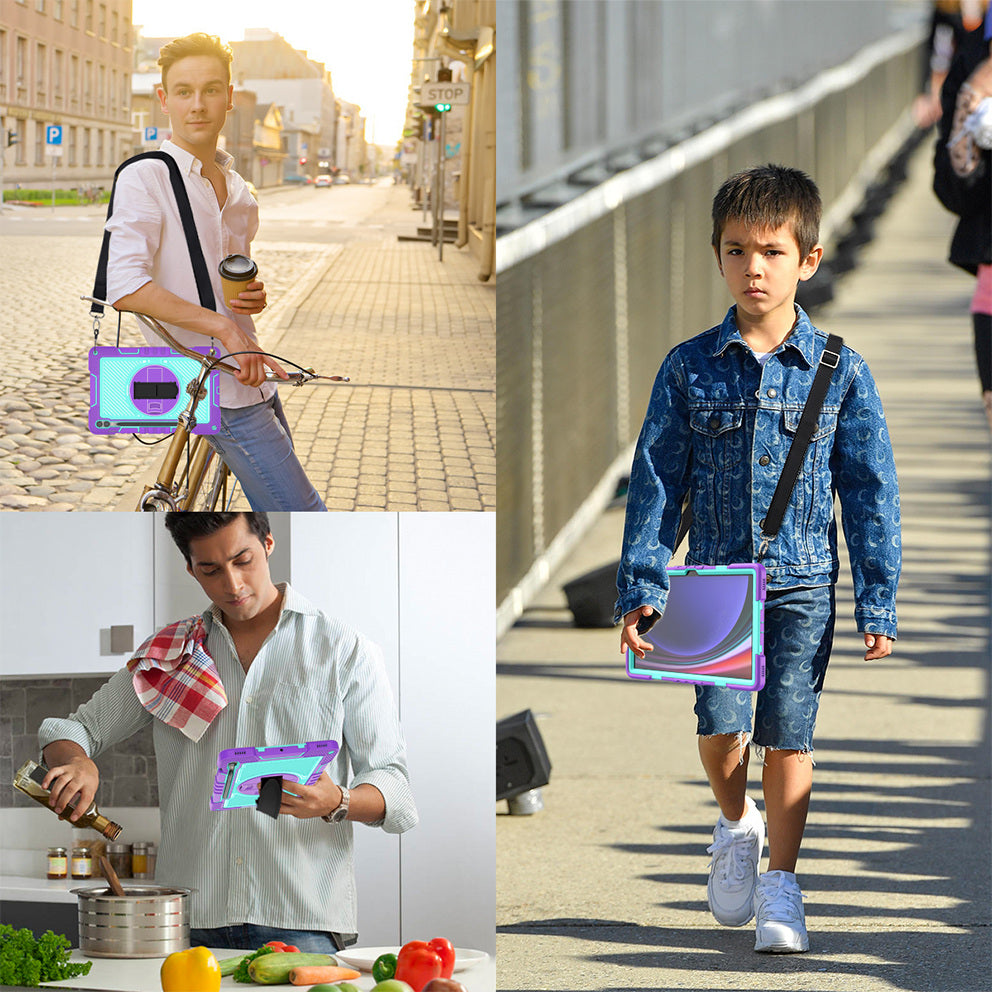 Protective Kickstand Case for Samsung Galaxy Tab S9+ Anti-Drop Silicone+PC Tablet Cover with Wrist Band / Shoulder Strap