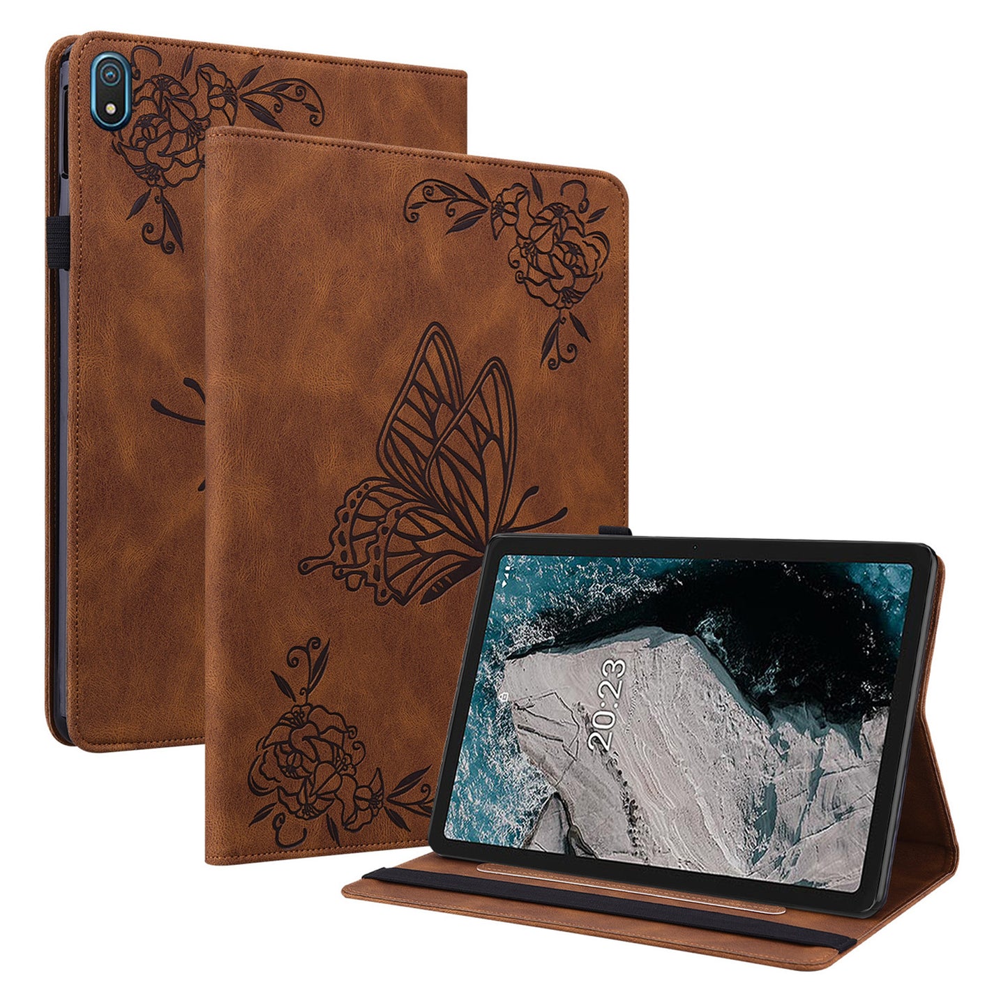 Anti-drop Tablet Case for Nokia T20 PU Leather Butterfly Flower Imprinted Card Holder Stand Cover