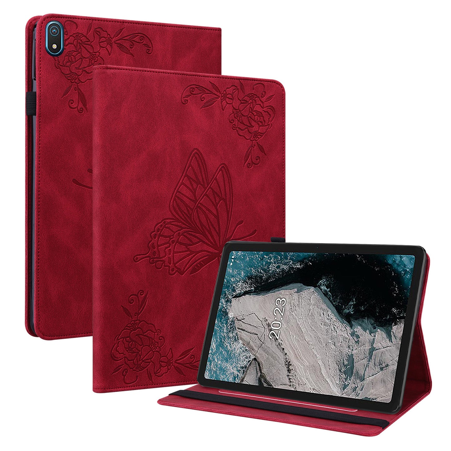 Anti-drop Tablet Case for Nokia T20 PU Leather Butterfly Flower Imprinted Card Holder Stand Cover