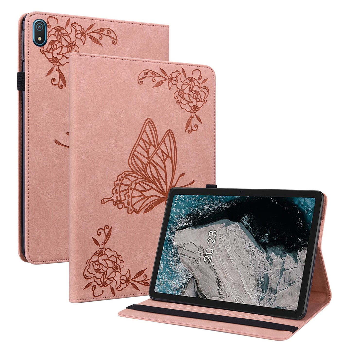 Anti-drop Tablet Case for Nokia T20 PU Leather Butterfly Flower Imprinted Card Holder Stand Cover