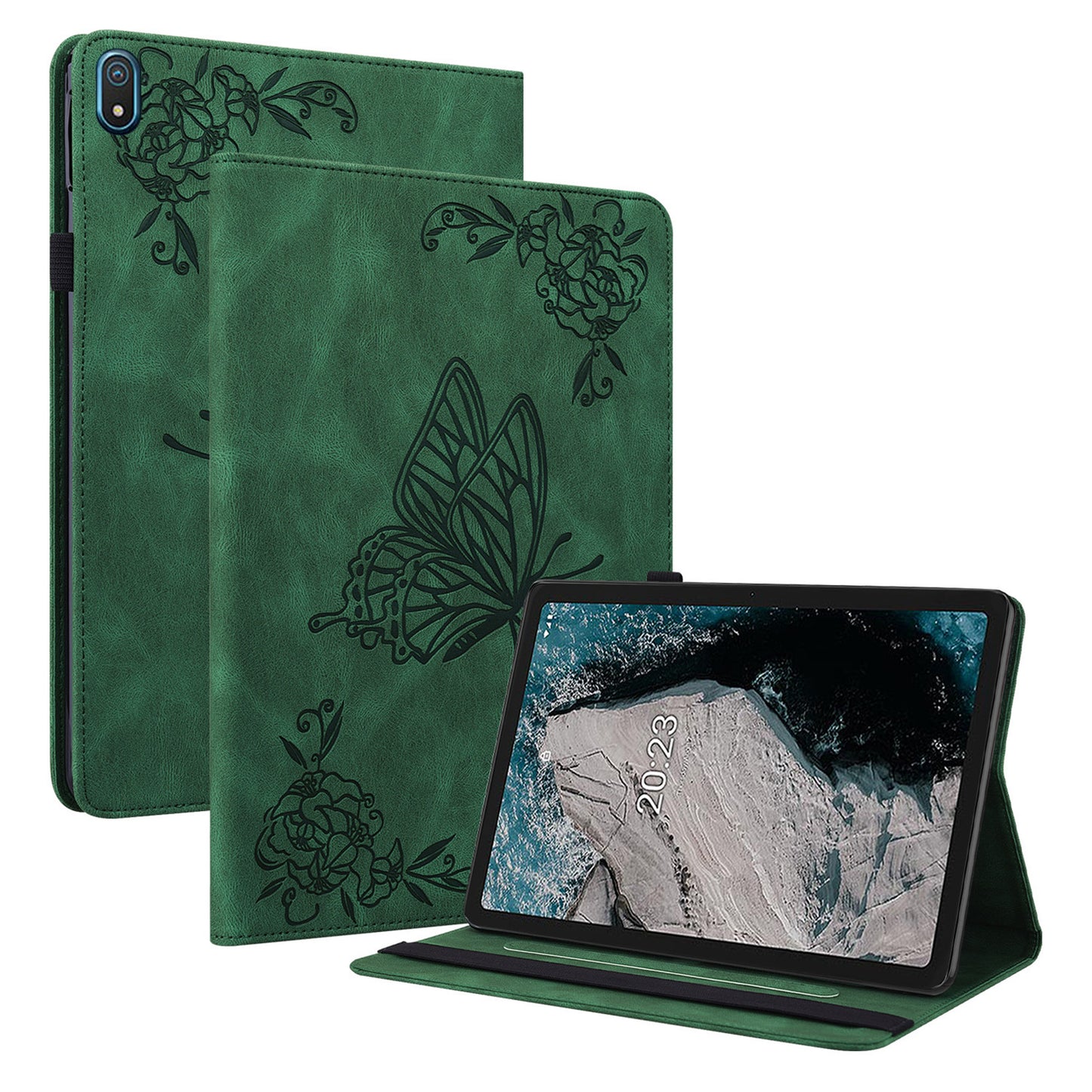 Anti-drop Tablet Case for Nokia T20 PU Leather Butterfly Flower Imprinted Card Holder Stand Cover