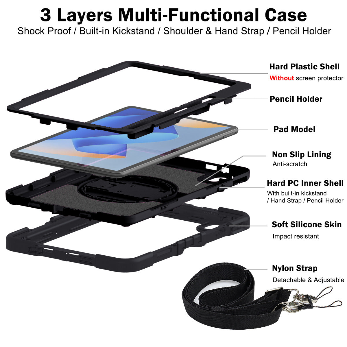 Silicone + PC Tablet Cover for Huawei MatePad 11 (2023) Shockproof Kickstand Cover with Wrist Band / Shoulder Strap