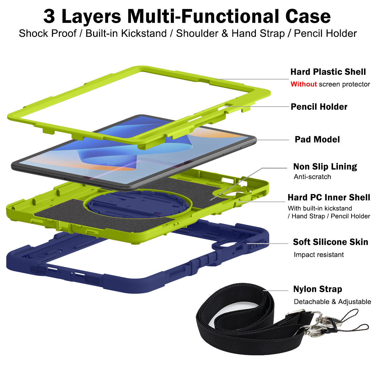 Silicone + PC Tablet Cover for Huawei MatePad 11 (2023) Shockproof Kickstand Cover with Wrist Band / Shoulder Strap