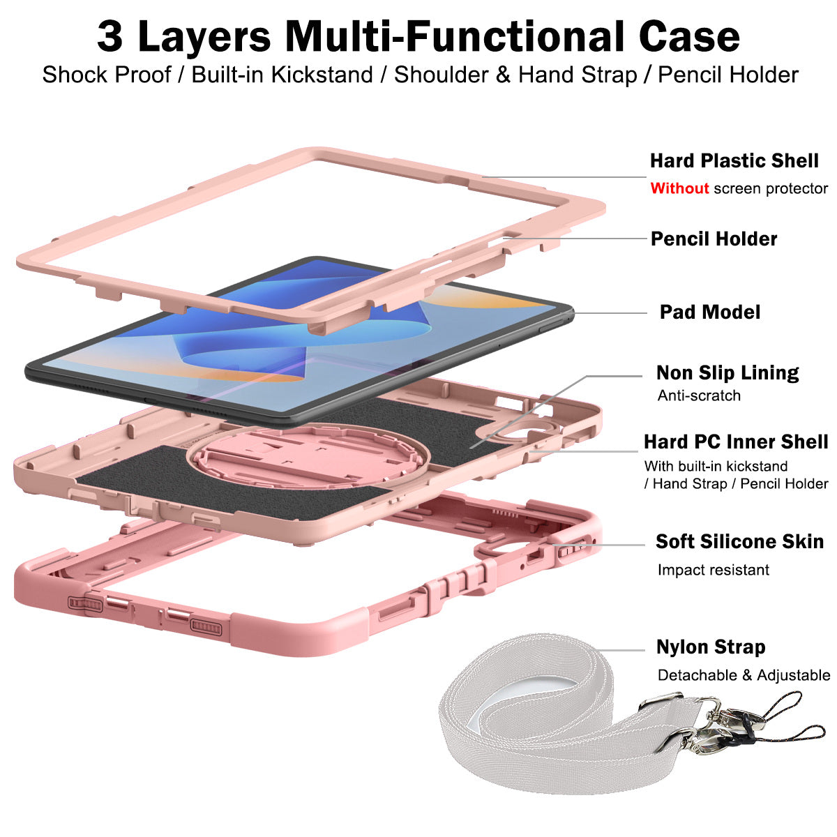 Silicone + PC Tablet Cover for Huawei MatePad 11 (2023) Shockproof Kickstand Cover with Wrist Band / Shoulder Strap