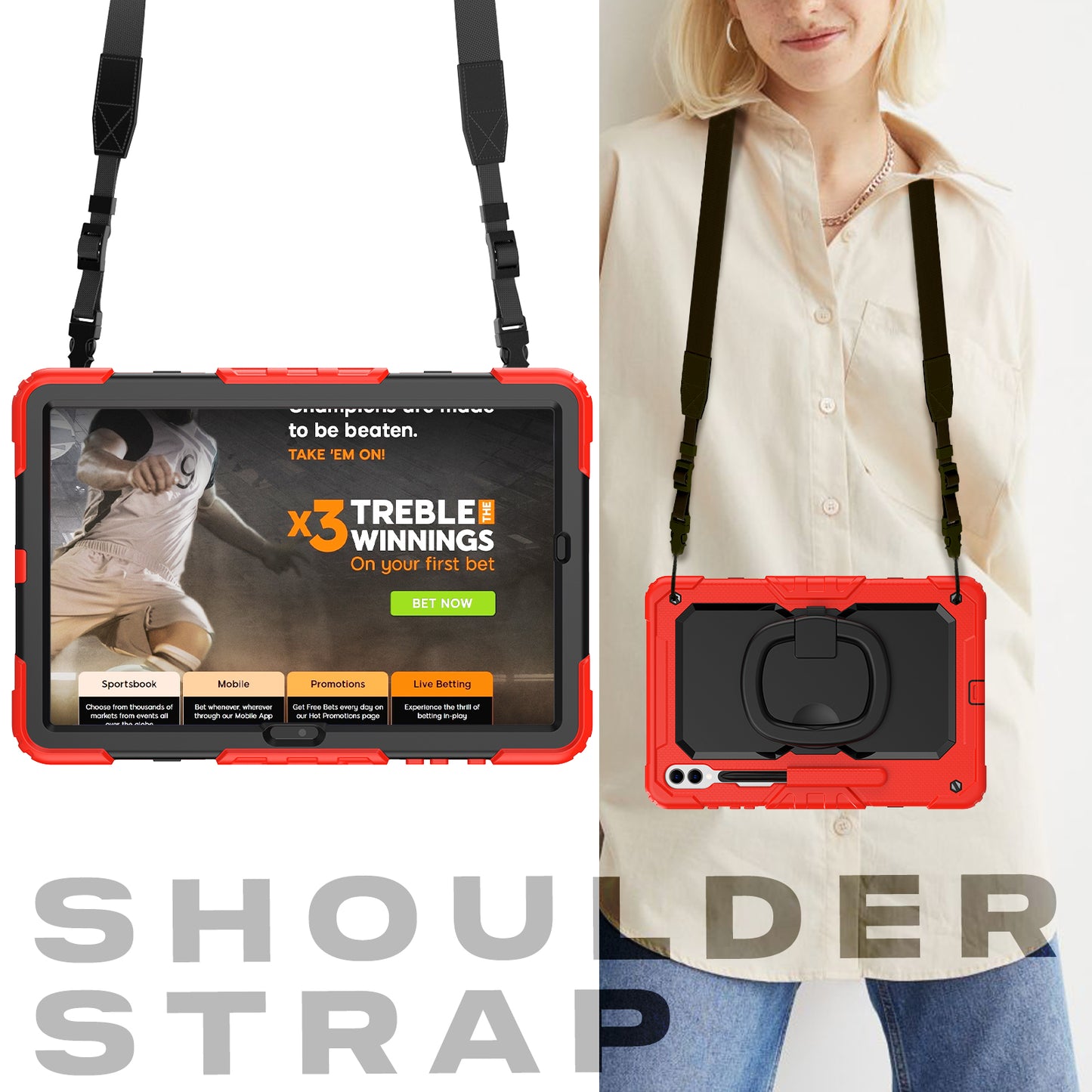 For Samsung Samsung Galaxy Tab S9+ SM-X810 / X816B / X818U PC+Silicone Tablet Case Hand Grip Kickstand Cover with Shoulder Strap