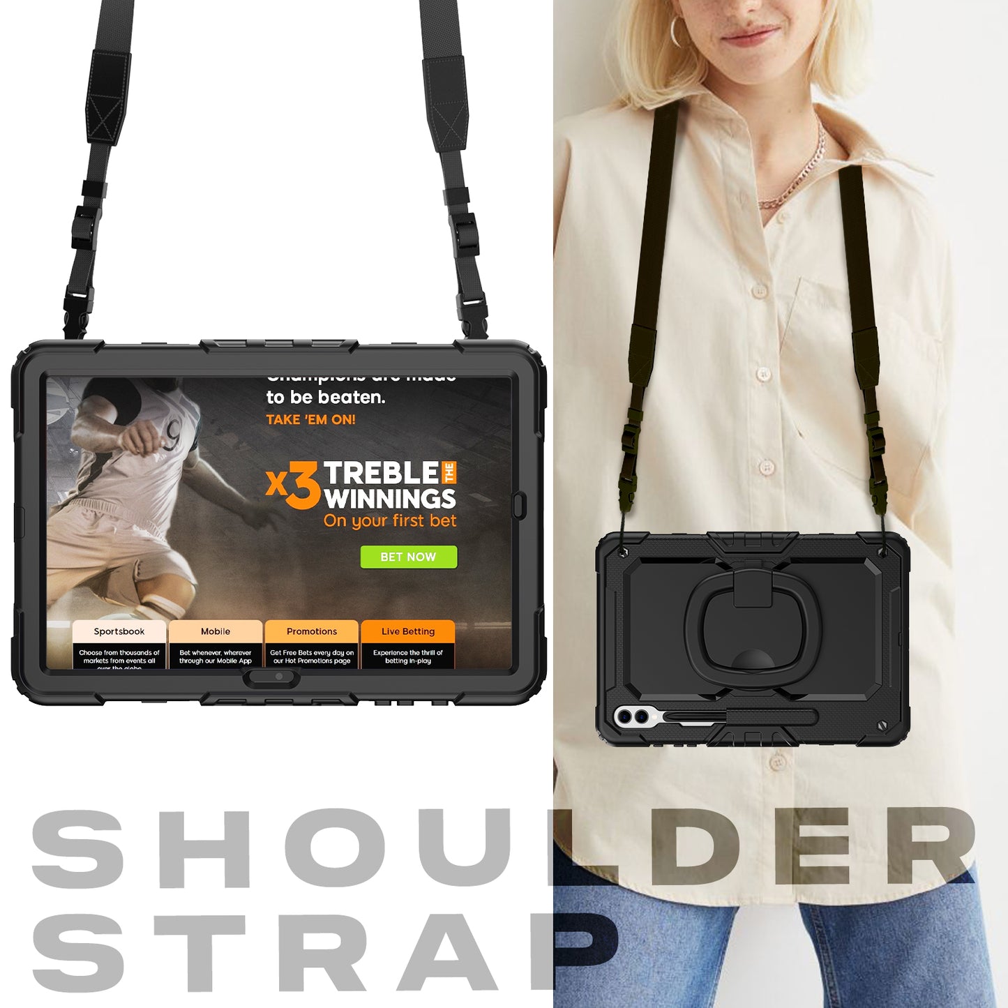 For Samsung Galaxy Tab S9 Ultra SM-X910 / X916B / X918U PC+Silicone Drop-proof Tablet Case Rotary Kickstand with Shoulder Strap