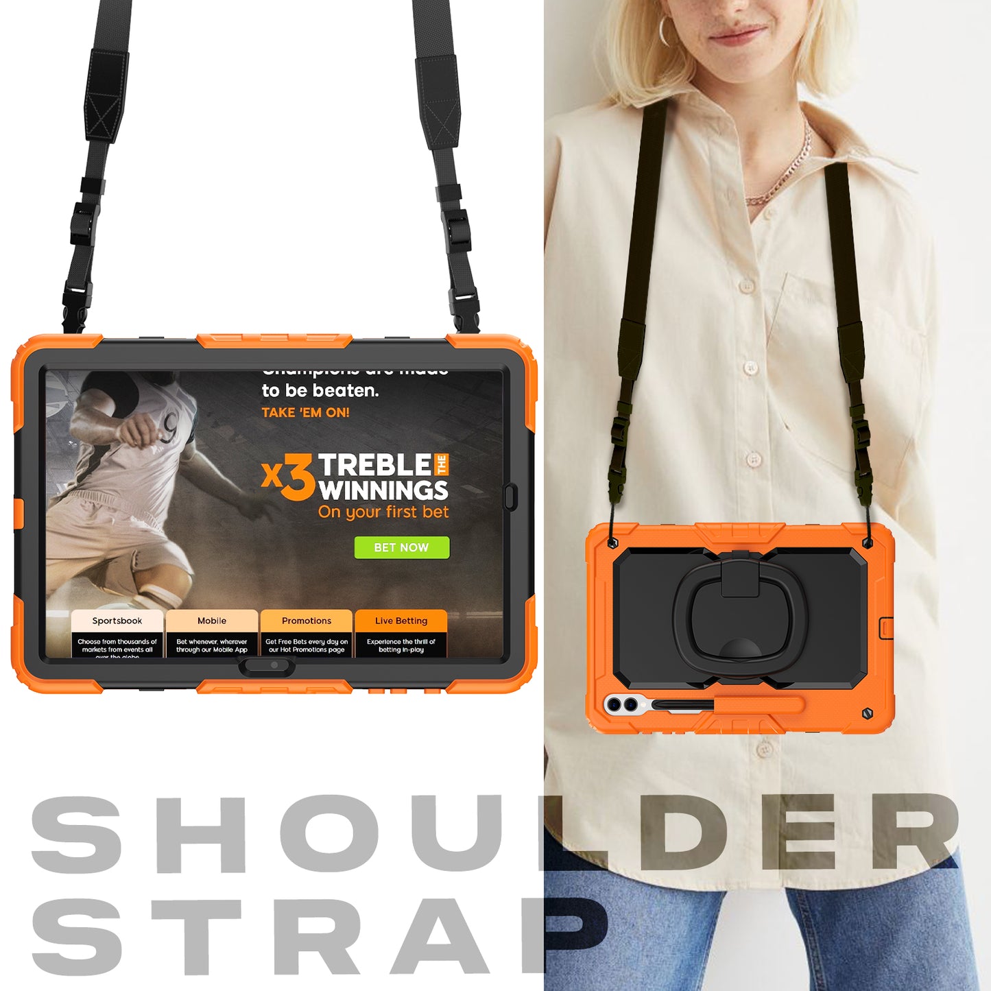 For Samsung Galaxy Tab S9 Ultra SM-X910 / X916B / X918U PC+Silicone Drop-proof Tablet Case Rotary Kickstand with Shoulder Strap