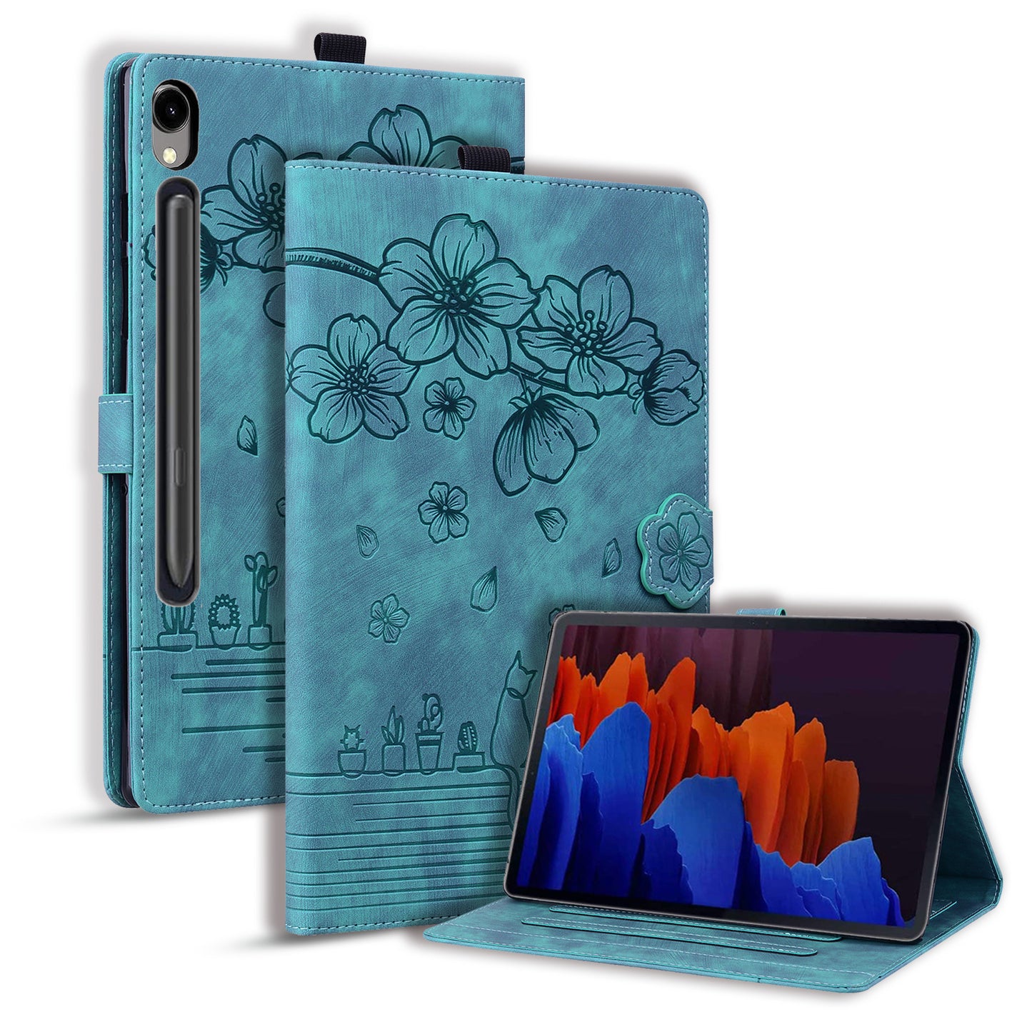 For Samsung Galaxy Tab S9 Card Holder Leather Anti-drop Cover Flower Cat Imprint Tablet Stand Case